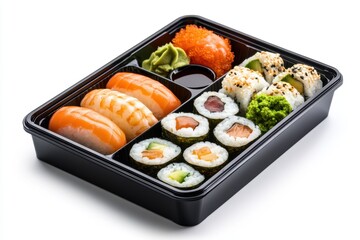 Bento box featuring an assortment of sushi, served with wasabi and soy sauce for a delightful dining experience.