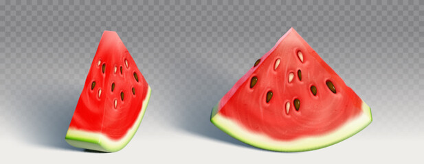 Isolated summer red watermelon slice vector icon. 3d realistic water melon drawing illustration design. Juicy and bright pink texture of tropical food. Sweet and ripe vitamin berry harvest graphic set