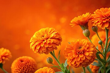 Bright orange marigold flowers against an orange background