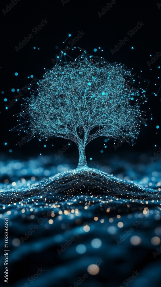 Aufkleber digital tree made of glowing particles and nodes, futuristic concept