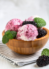 Homemade creamy blackberry ice cream.