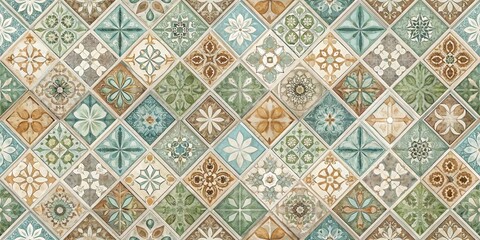 A harmonious arrangement of patterned tiles, each a unique composition of intricate designs, colors, and textures, creating a visual symphony of geometric shapes and floral motifs.