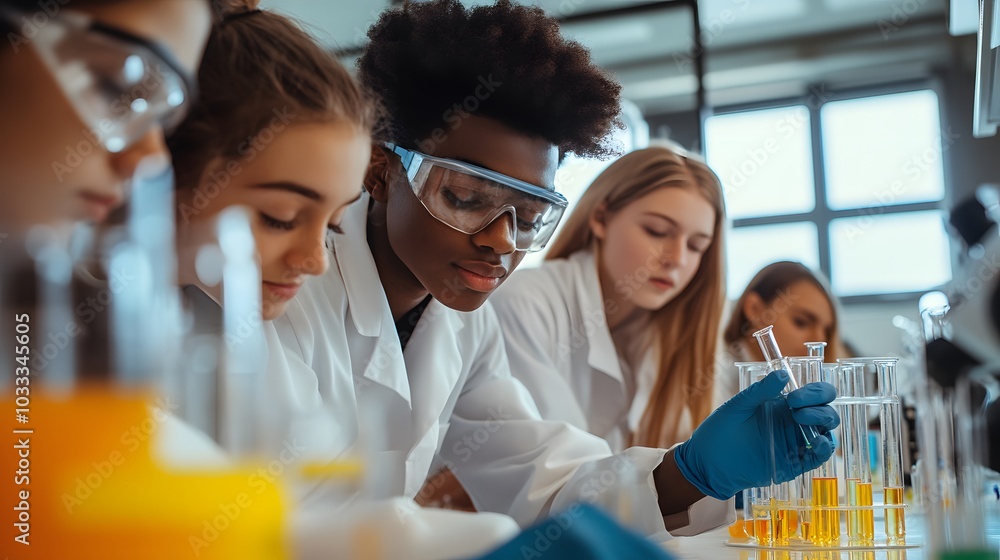 Poster diverse students in a lab setting conduct a science experiment