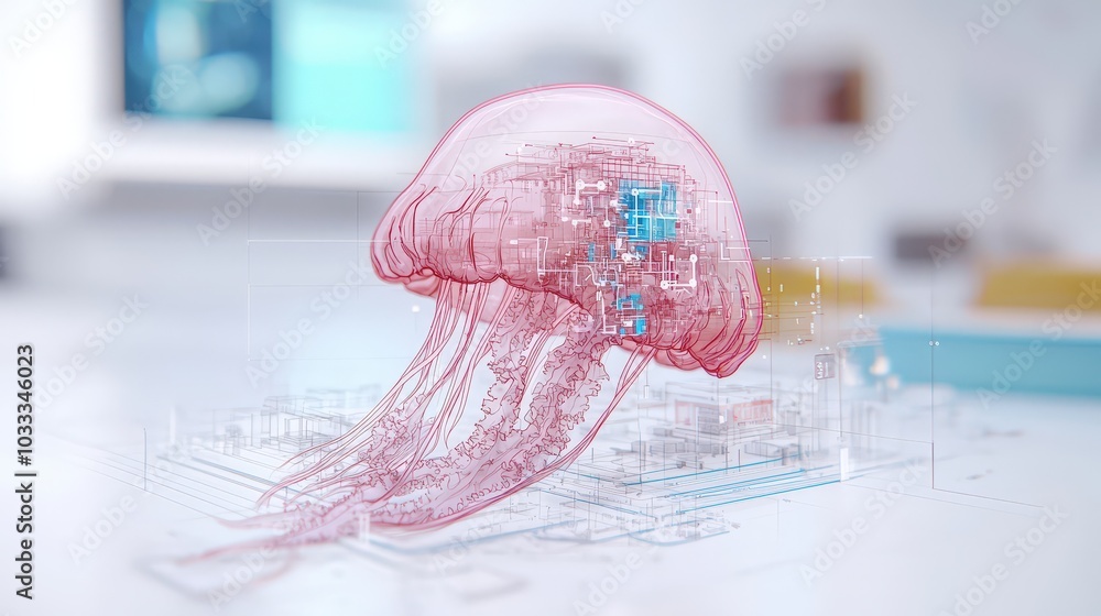 Poster abstract jellyfish with circuitry and technology design