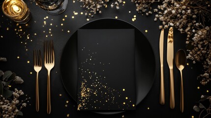 Elegant black gold invitation template prototype, featuring a simple design and exquisite gold decoration on a black background, presenting a simple yet luxurious appearance