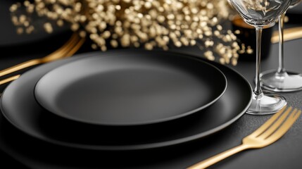 Elegant black gold invitation template prototype, featuring a simple design and exquisite gold decoration on a black background, presenting a simple yet luxurious appearance