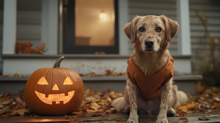 Dog with Pumpkin on Halloween Night