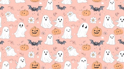 Adorable Cartoon Ghosts, Pumpkins, and Bats with White Flowers and Pink Vibes. Fun and Whimsical Halloween-Inspired Illustration in a Playful, Soft Color Palette.