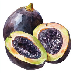 Black sapote fruit watercolor clipart illustration