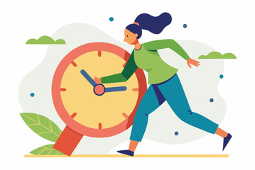 Time management concept with girl adjusting clock hands for scheduling and planning