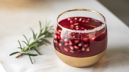 Luxurious pomegranate juice in a gold-rimmed glass. The juice is deep red and decorated with floating pomegranate seeds.