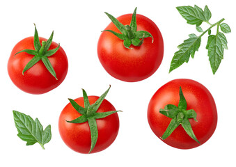 fresh tomato with green leaves isolated on white background. clipping path