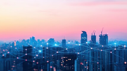 Obraz premium Futuristic city skyline with vibrant colors and innovative architecture, showcasing a vision of tomorrow's urban life.