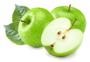 green apple with half of apple and green leaves isolated on white background. clipping path