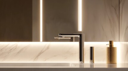 A modern bathroom sink with a chrome faucet, a soap dispenser, and a mirror with LED lights.