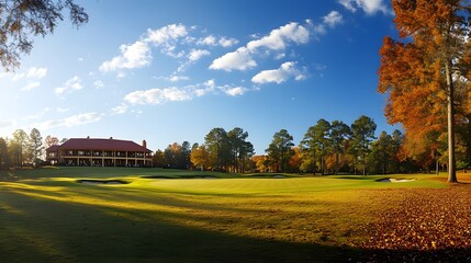 Obraz premium A wide shot of the iconic golf ground in the pine forestin autumn, overlooking the green and sand-colored fairway with beautiful trees and a blue sky in the background