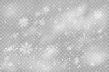 Christmas snowflakes on a transparent background. Snow flakes, snow background. Heavy snowfall, snowflakes in different shapes and forms.