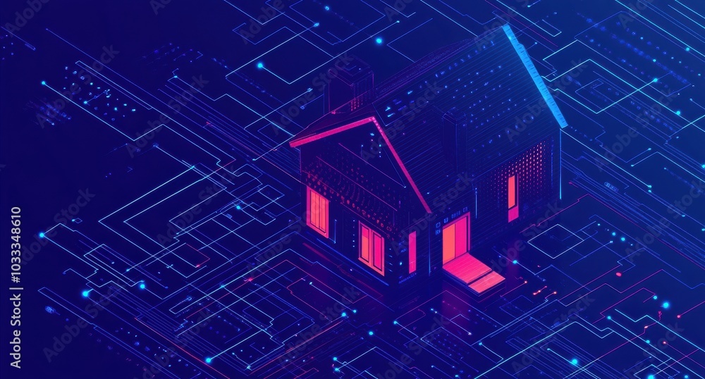 Poster digital blue background with an isometric house amidst a complex network pattern illuminated with fu