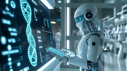 Fototapeta premium A humanoid robot interacting with a digital interface displaying DNA strands and scientific data.