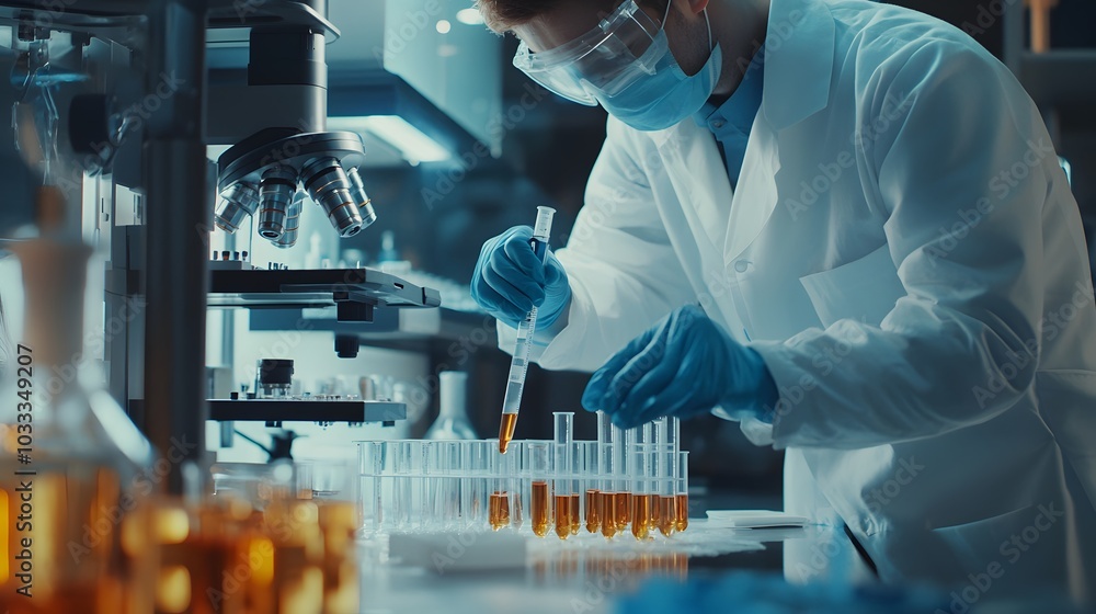 Poster scientist in lab coat using pipette to fill test tubes with liquid