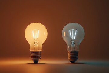 Two light bulbs, one glowing warm and the other cool, on a brown background.