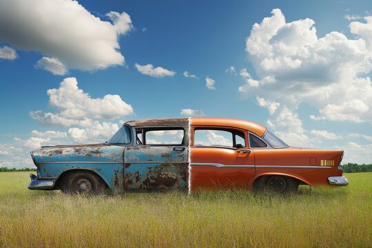 Fototapeta A vintage car sits in a field, half restored, half in its original rusty state.