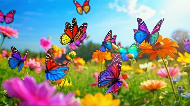 Rainbow Butterflies Dance in the Flower Field