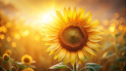 Fototapeta premium Golden Radiance of a Single Sunflower, Bathed in Warm Sunlight, Against a Field of Golden Blur