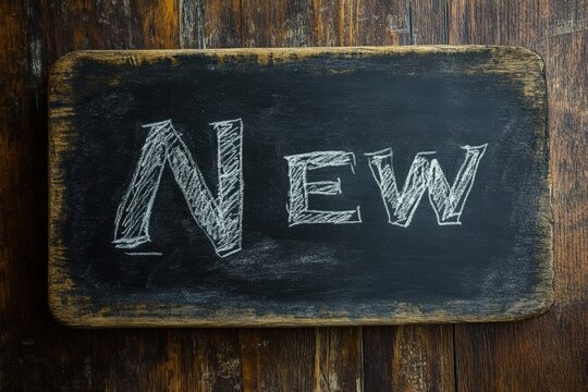 A rustic wooden sign with the word "NEW" written in chalk.