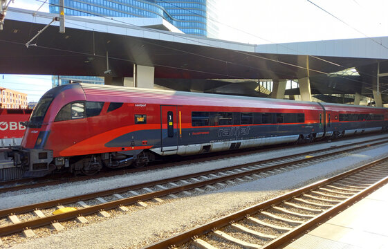 Vienna, Austria - 28 July 2024: Railjet train at Wien Hauptbahnhof train station.