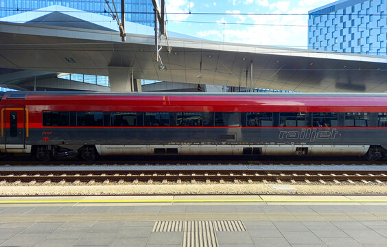 Vienna, Austria - 28 July 2024: Railjet train at Wien Hauptbahnhof train station.