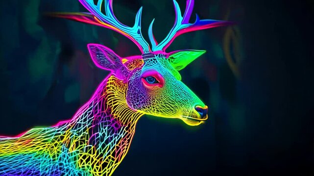 Neon Deer: A vibrant and abstract deer with rainbow wireframe antlers, set against a dark, blurry background. Its ethereal glow and unique style create an eye-catching image. 