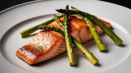 Succulent salmon fillet carefully plated with asparagus