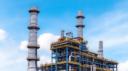 Fototapeta premium Industrial Refinery Plant with Chimneys Against Blue Sky