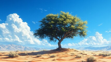A solitary tree stands in a vast desert landscape under a bright blue sky with fluffy clouds.
