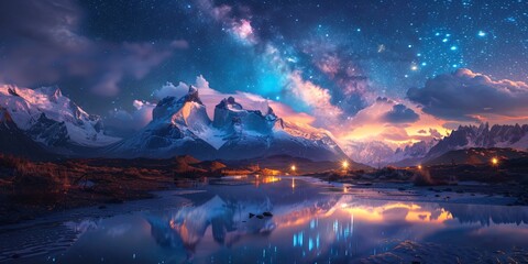 Mount Fitz Roy under the Starry Sky and Milky Way: Snow-capped peaks, serene lake, and breathtaking nightscape in Argentina's Patagonia.