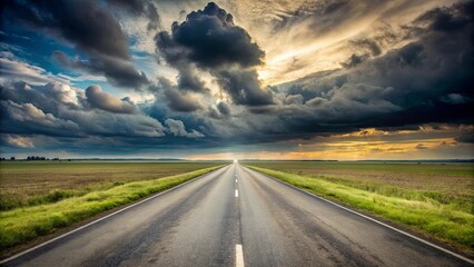 A lone, straight highway cuts through a field of green grass, stretching towards the horizon where a golden sunbeam pierces through a dramatic, dark sky filled with imposing clouds.
