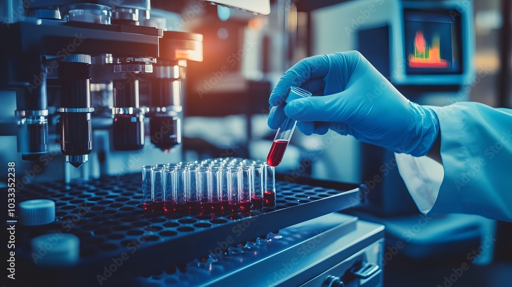 Poster a gloved hand inserting a test tube filled with red liquid into a rack of test tubes in a laboratory