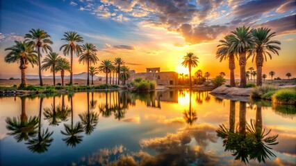 Silhouettes of Palm Trees Mirrored in the Calm Water of a Tranquil Oasis at Sunset