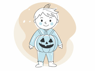 Boy in pumpkin autumn costume for Halloween holiday. Vector illustration