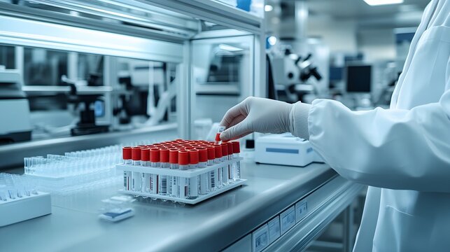 Gloved hand placing a blood sample tube into a rack in a laboratory