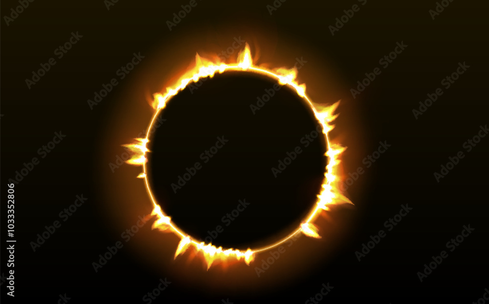 Poster fire circle frame. flame spark ring effect vector. magic circular flare glow isolated on black backg