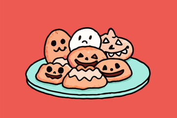 Cute Halloween cookies on plate. Bakery sweets and holiday treats