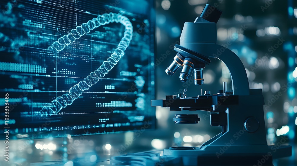 Poster a modern microscope and a dna strand displayed on a computer screen