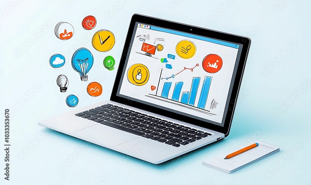Poster visualizing data trends and analytics through creative graphic design on a laptop screen
