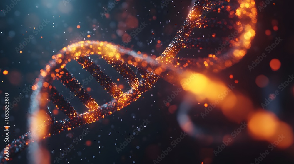 Poster glowing dna helix with particles and bokeh