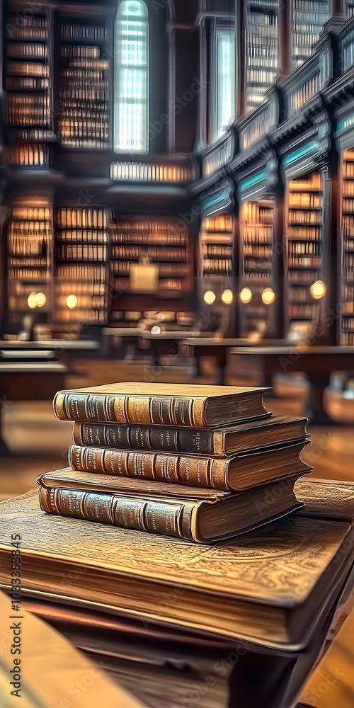 Poster old books are lying on the table in the library. the library is filled with many books, and the atmo