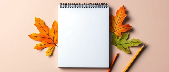 Blank notebook surrounded by autumn leaves and colored pencils perfect for creative inspiration and seasonal craft activities