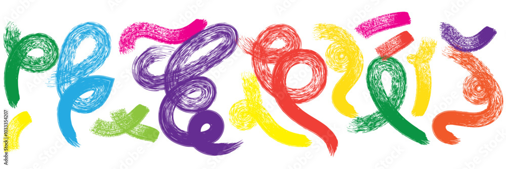 Poster bold brush drawn spirals and squiggles collection with funky geometric elements. primitive geometric