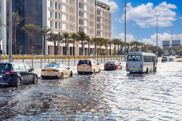 Dubai. Heavy Rain and Flooded Street in UAE. horizontal